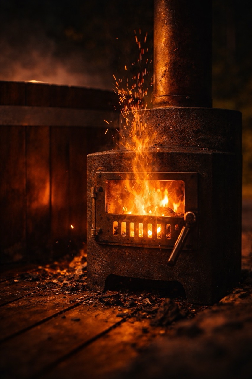 Glühendes Feuer im Außenofen des Badezubers bei Nacht
