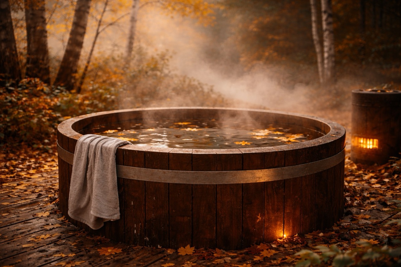 Badezuber im Herbstwald mit Morgennebel